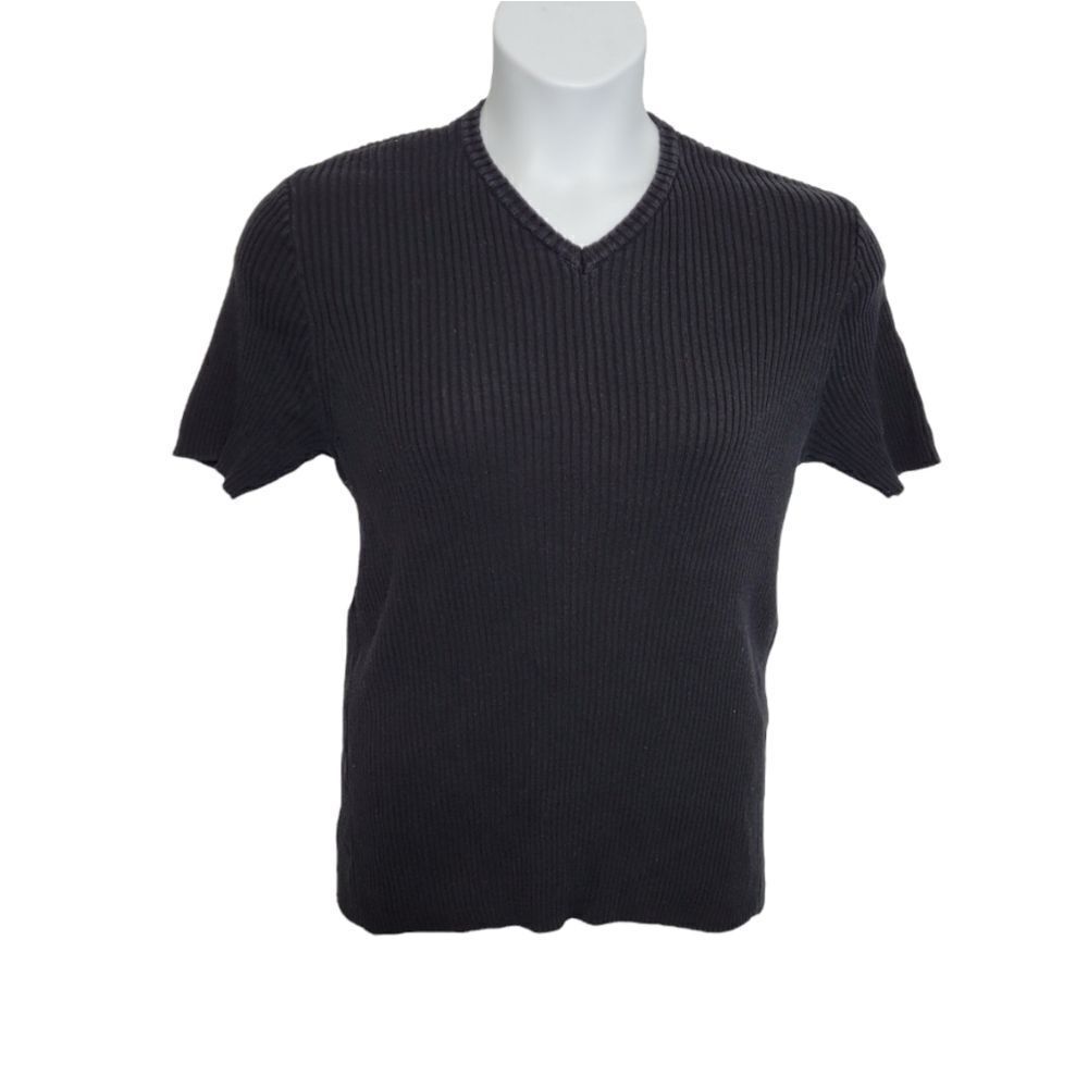 VINTAGE 90s black ribbed knit short sleeve top dark academia M